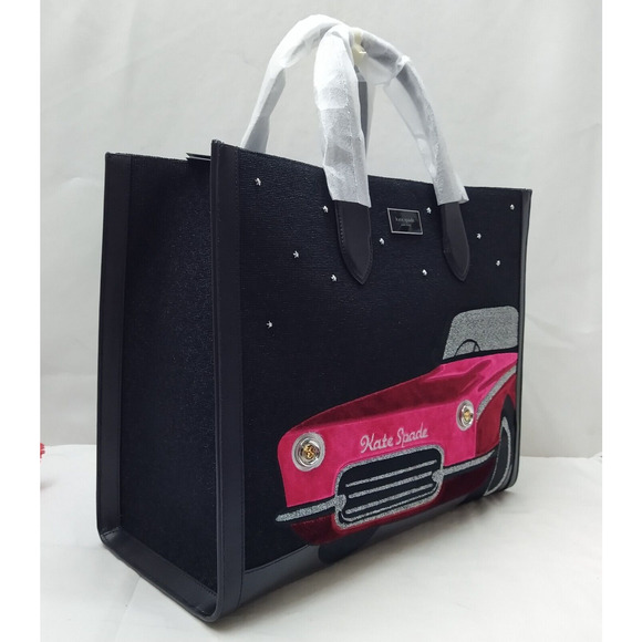Kate Spade New York Manhattan Black Canvas Car Embellished Large Tote Bag NWT - Picture 6 of 16